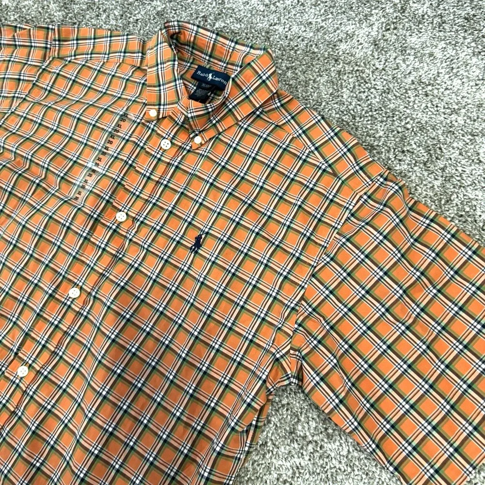 NWT Ralph Lauren Orange Plaid Short Sleeve Button Down Shirt Boys Size XL‎